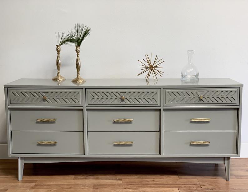 slim fit dress slacks MCM mid century dresser with grey lacquer and polished brass hardware –  McKenna Design Co
