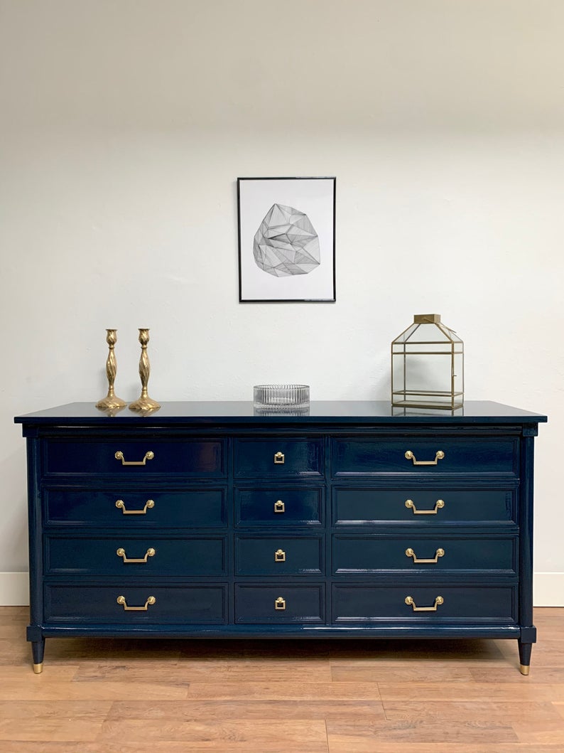 Navy lacquered White Furniture Co Mid Century MCM Dresser McKenna Design Co. Navy lacquered White Furniture Co Mid Century MCM Dresser McKenna Design Co.