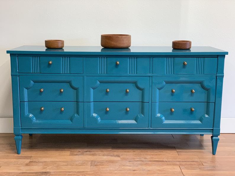 Turquoise lacquer mid century modern MCM Drexel dresser with brass har McKenna Design Co. Turquoise lacquer mid century modern MCM Drexel dresser with brass har McKenna Design Co.