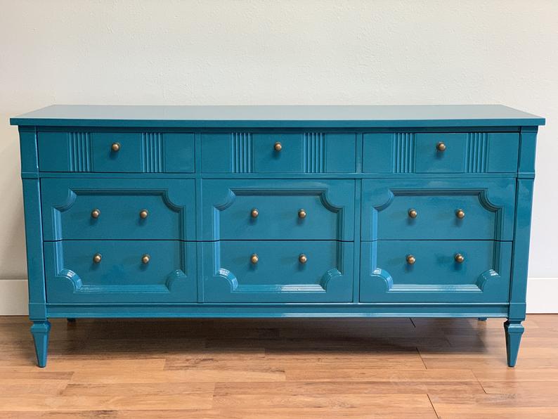 Turquoise lacquer mid century modern MCM Drexel dresser with brass har McKenna Design Co. Turquoise lacquer mid century modern MCM Drexel dresser with brass har McKenna Design Co.