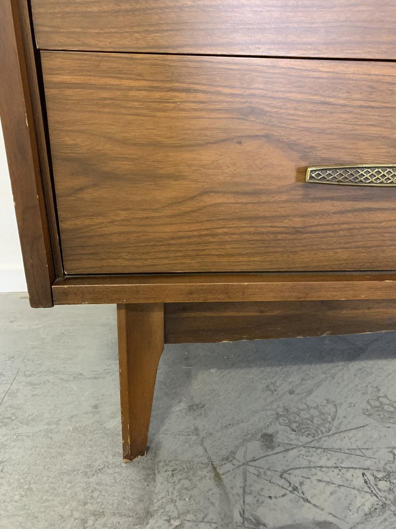 MCM mid century dresser with grey lacquer and polished brass hardware