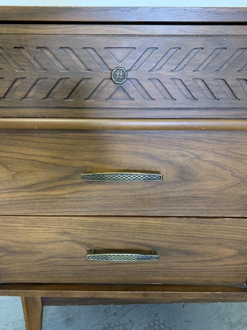 MCM mid century dresser with grey lacquer and polished brass hardware