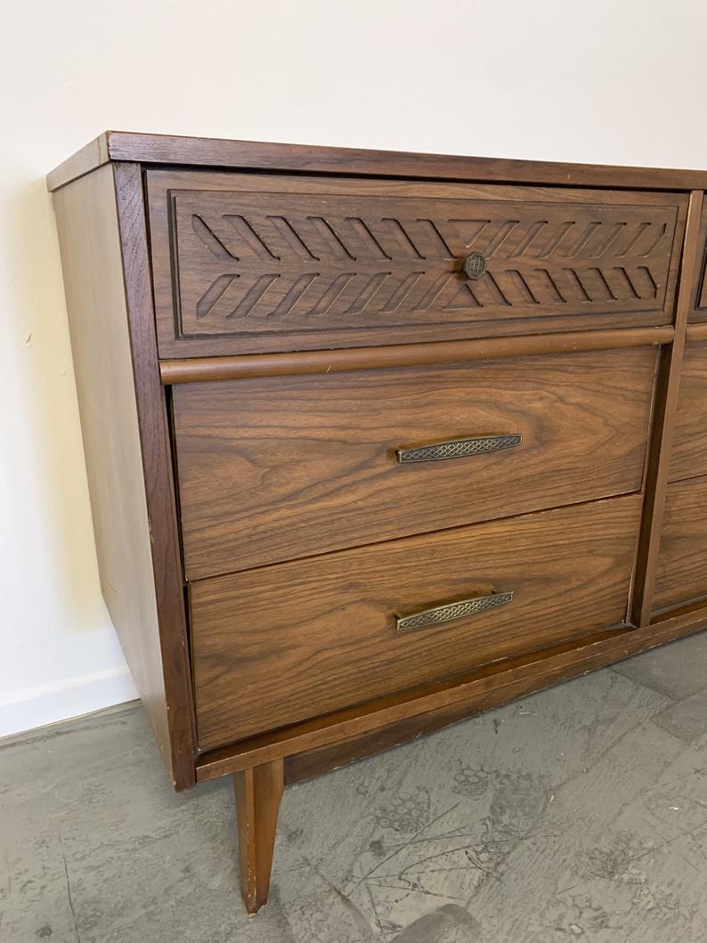 MCM mid century dresser with grey lacquer and polished brass hardware