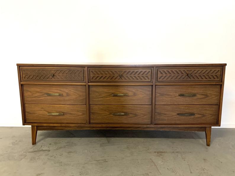 MCM mid century dresser with grey lacquer and polished brass hardware