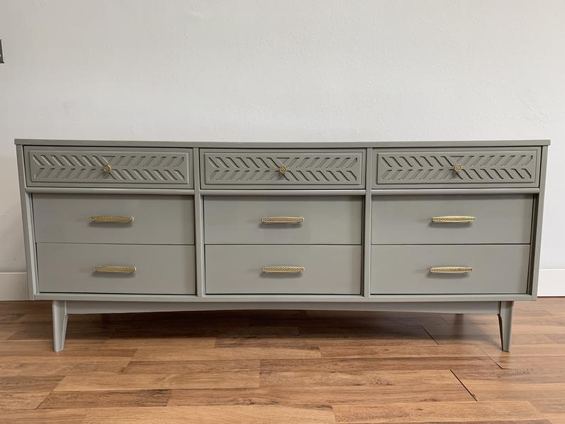 MCM mid century dresser with grey lacquer and polished brass hardware