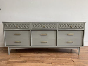 MCM mid century dresser with grey lacquer and polished brass hardware McKenna Design Co. MCM mid century dresser with grey lacquer and polished brass hardware McKenna Design Co.