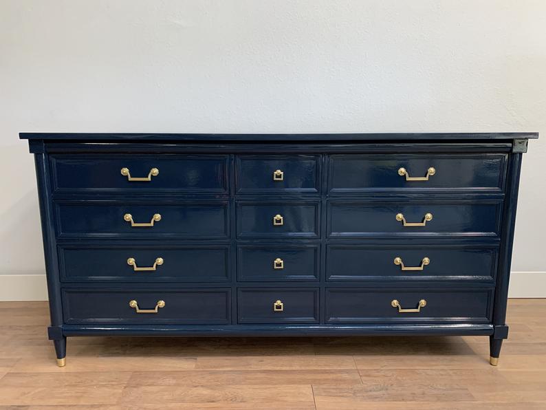 Navy lacquered White Furniture Co Mid Century MCM Dresser McKenna Design Co. Navy lacquered White Furniture Co Mid Century MCM Dresser McKenna Design Co.
