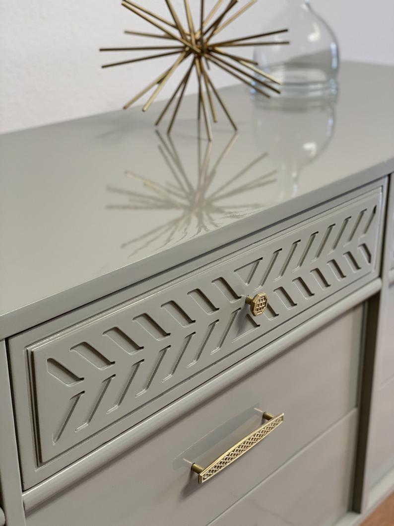 MCM mid century dresser with grey lacquer and polished brass hardware