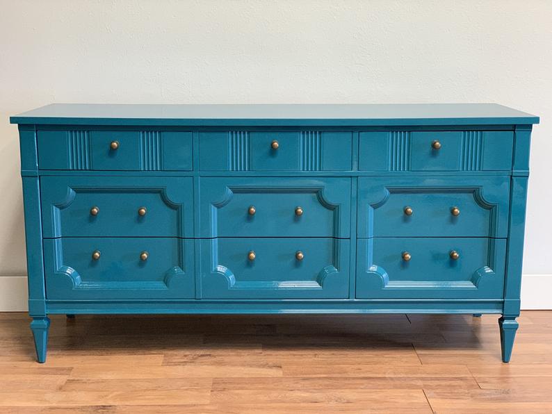 Turquoise lacquer mid century modern MCM Drexel dresser with brass hardware