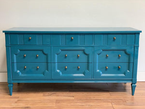 Turquoise lacquer mid century modern MCM Drexel dresser with brass har McKenna Design Co. Turquoise lacquer mid century modern MCM Drexel dresser with brass har McKenna Design Co.
